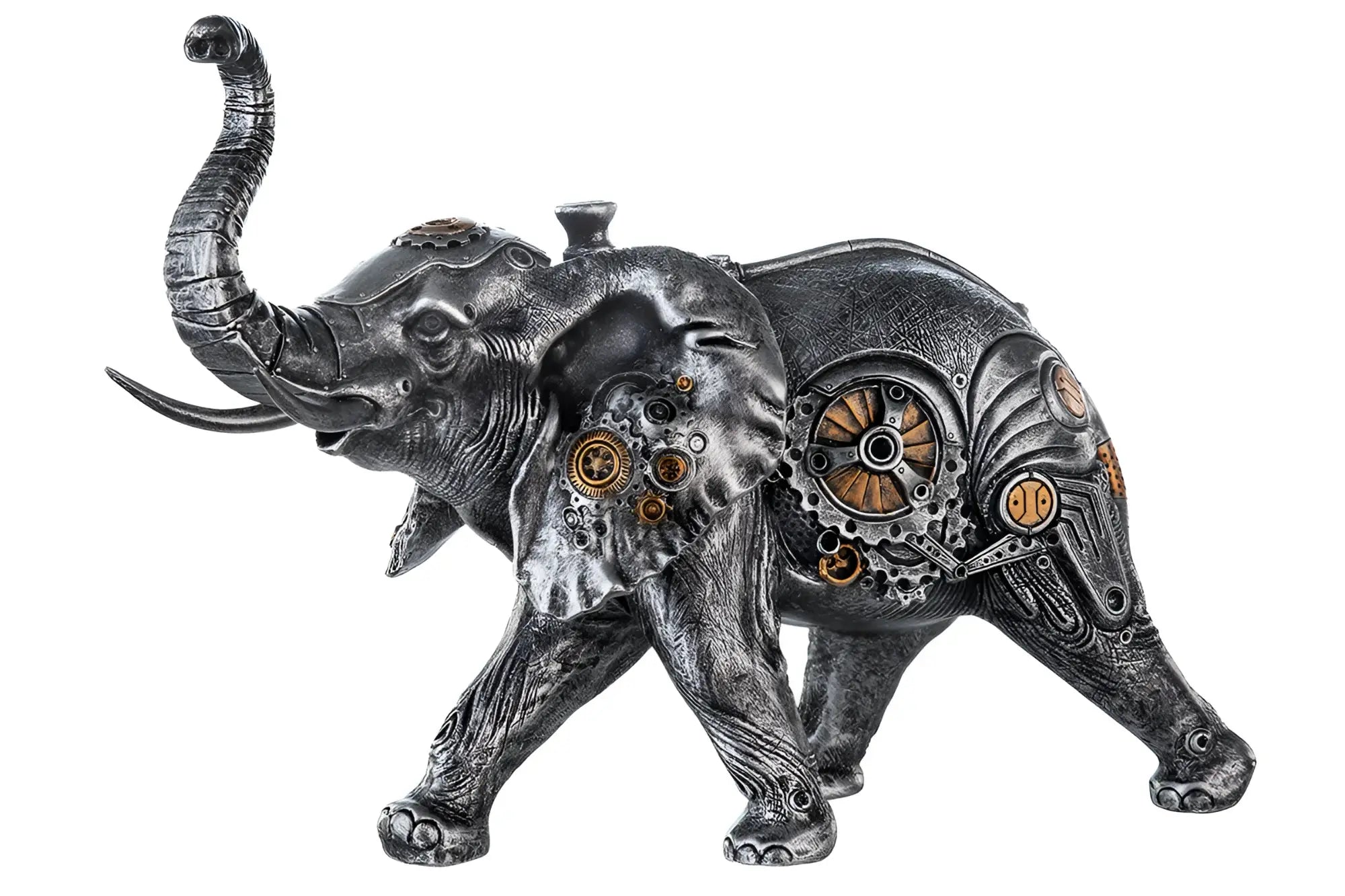 Steampunk figur elefant mit kunstharz in silber dunkel, metallischen zahnrädern und messingakzenten von gilde