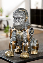Steampunk figur gorilla aus kunstharz in silber mit gold bronzefarbenen akzenten und mechanischen details von gilde