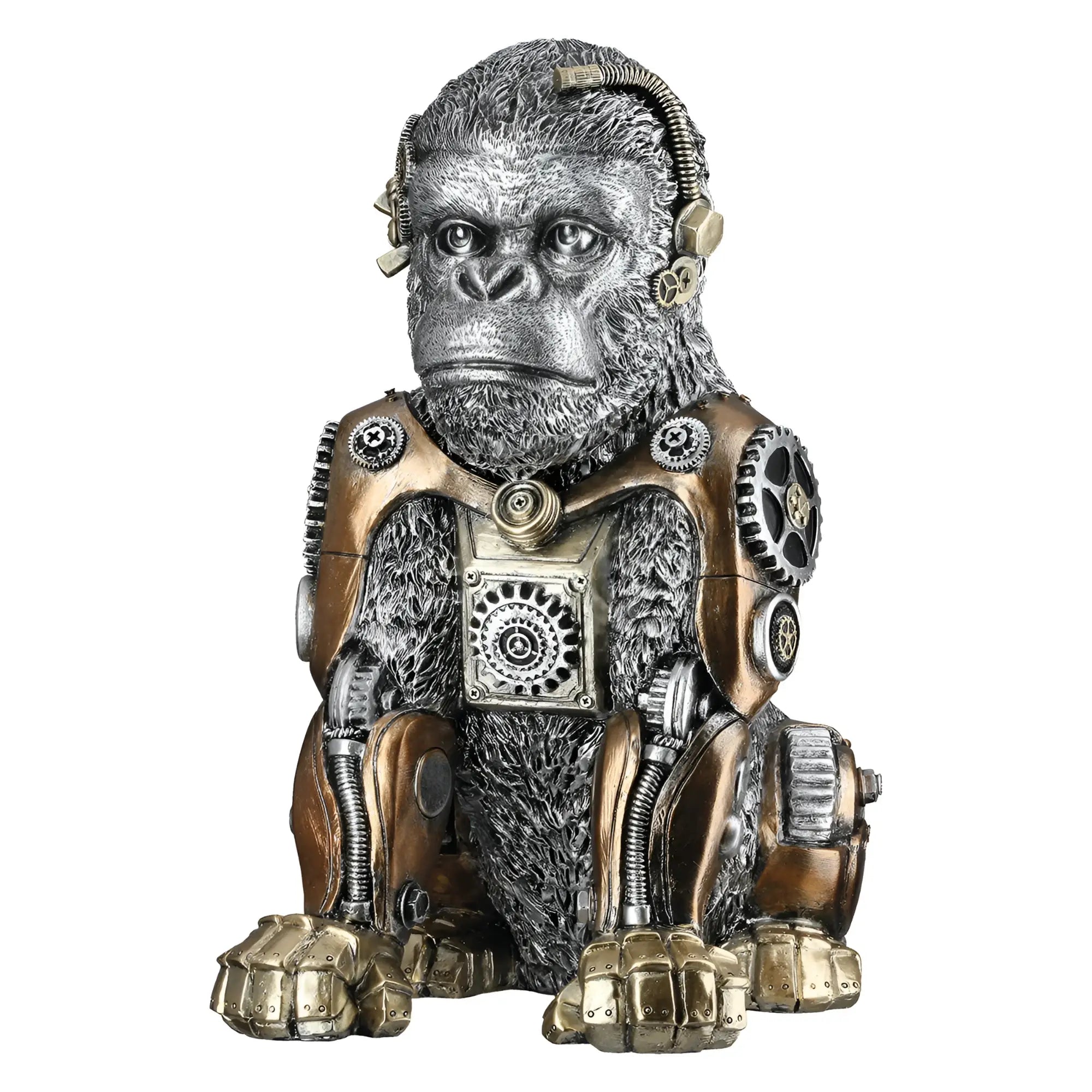 Steampunk figur gorilla aus kunstharz mit silberfarbener und gold-bronzefarbener mechanischer rüstung von gilde
