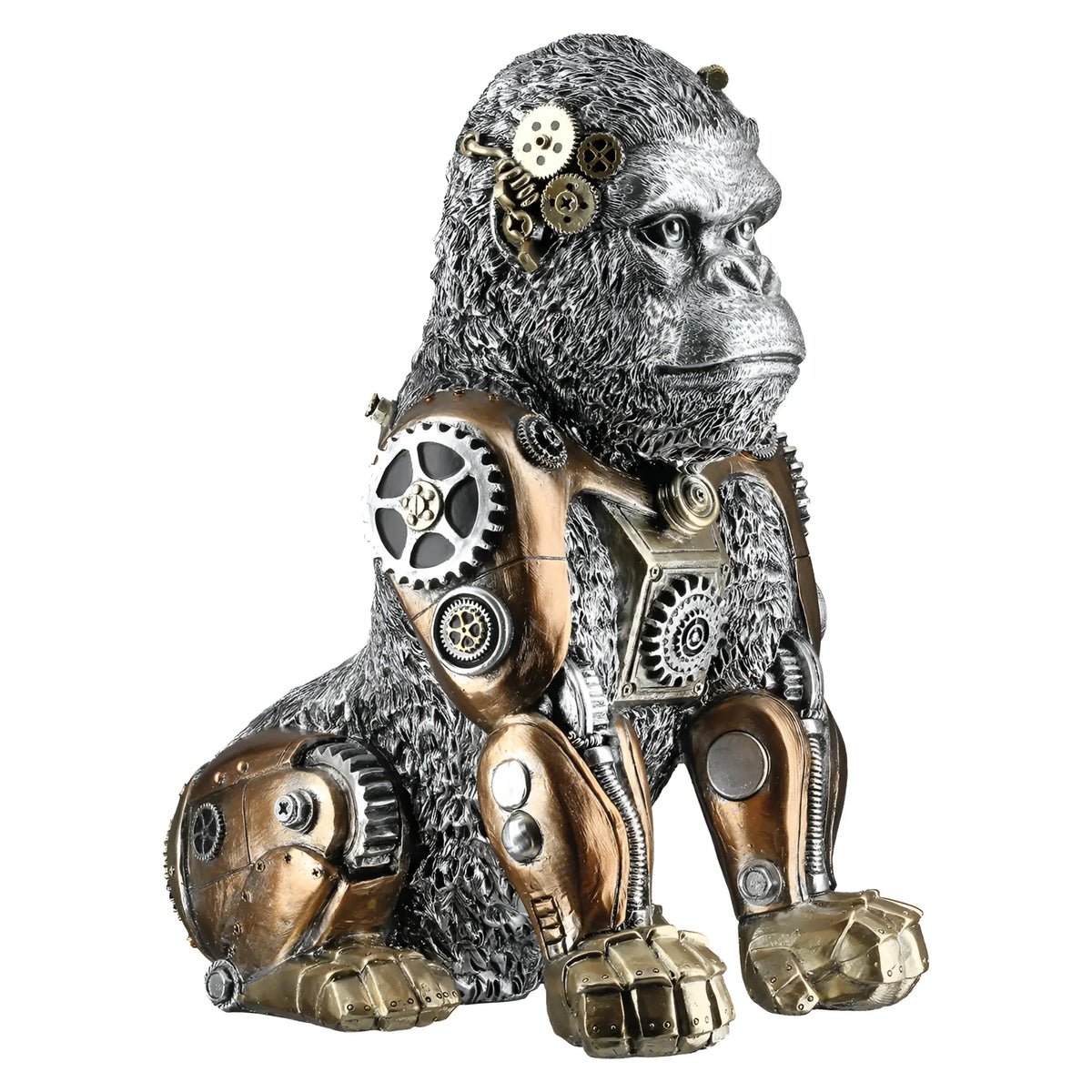 Steampunk figur gorilla aus kunstharz mit silberfarbenen und gold-bronzefarbenen mechanischen akzenten von gilde