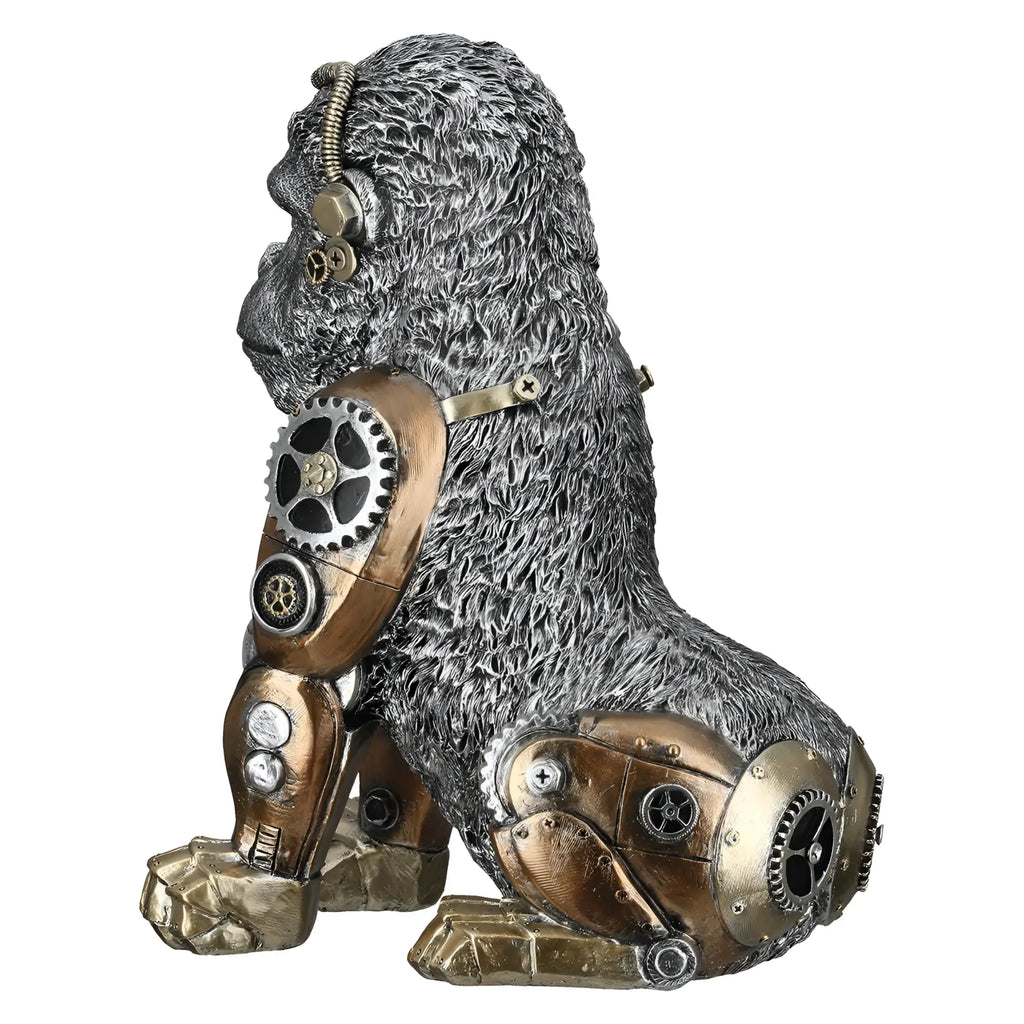 Steampunk figur gorilla aus kunstharz mit silberfarbenen und gold-bronzefarbenen metallischen elementen von gilde
