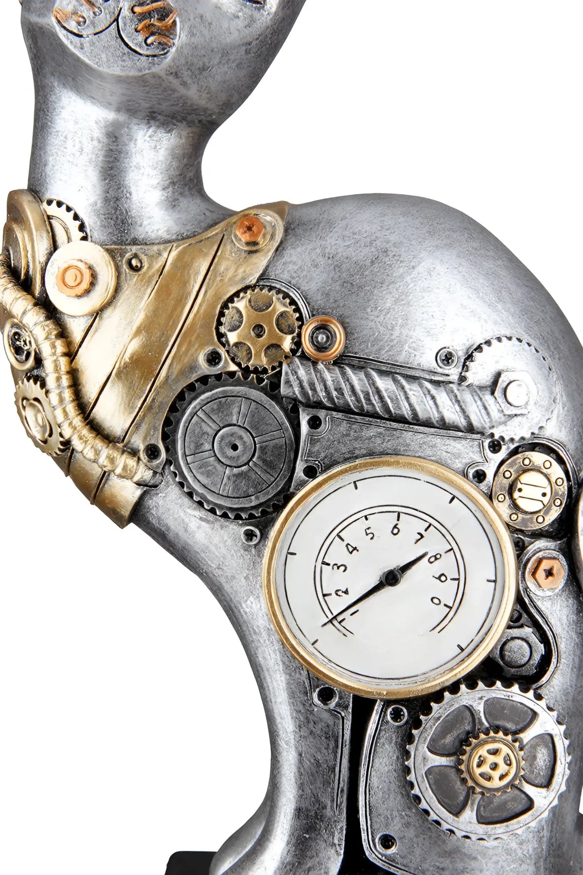Steampunk katzenfigur aus kunstharz silberfarben mit messing zahnrad und rundem analoguhr gesicht 30x20x7 cm