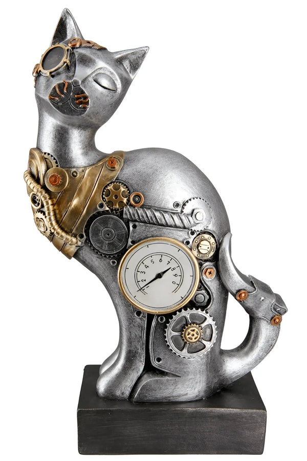 Steampunk katzenfigur aus silberfarbenem kunstharz mit messingzahnrädern, uhr und goggles von gilde