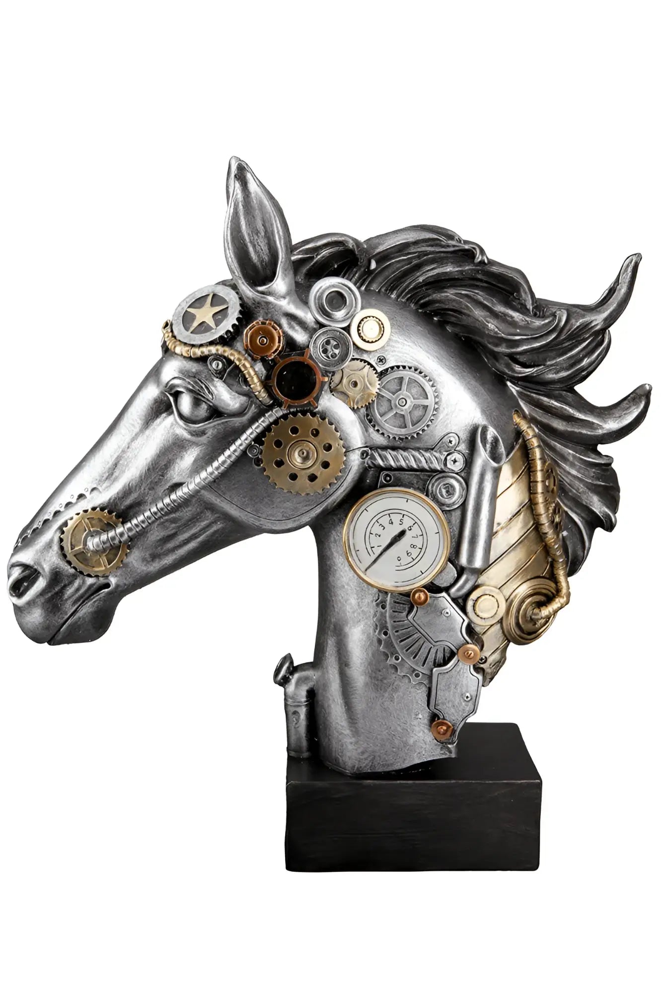 Steampunk figur pferd horse aus kunstharz mit silbernen und messingfarbenen zahnrädern und uhrwerk details von gilde