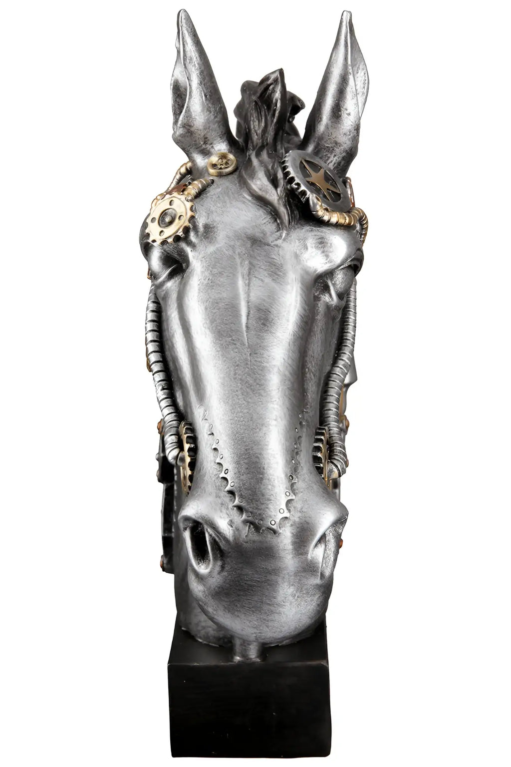 Steampunk figur pferd horse aus silbernem kunstharz mit messinggetrieben auf schwarzem sockel von gilde