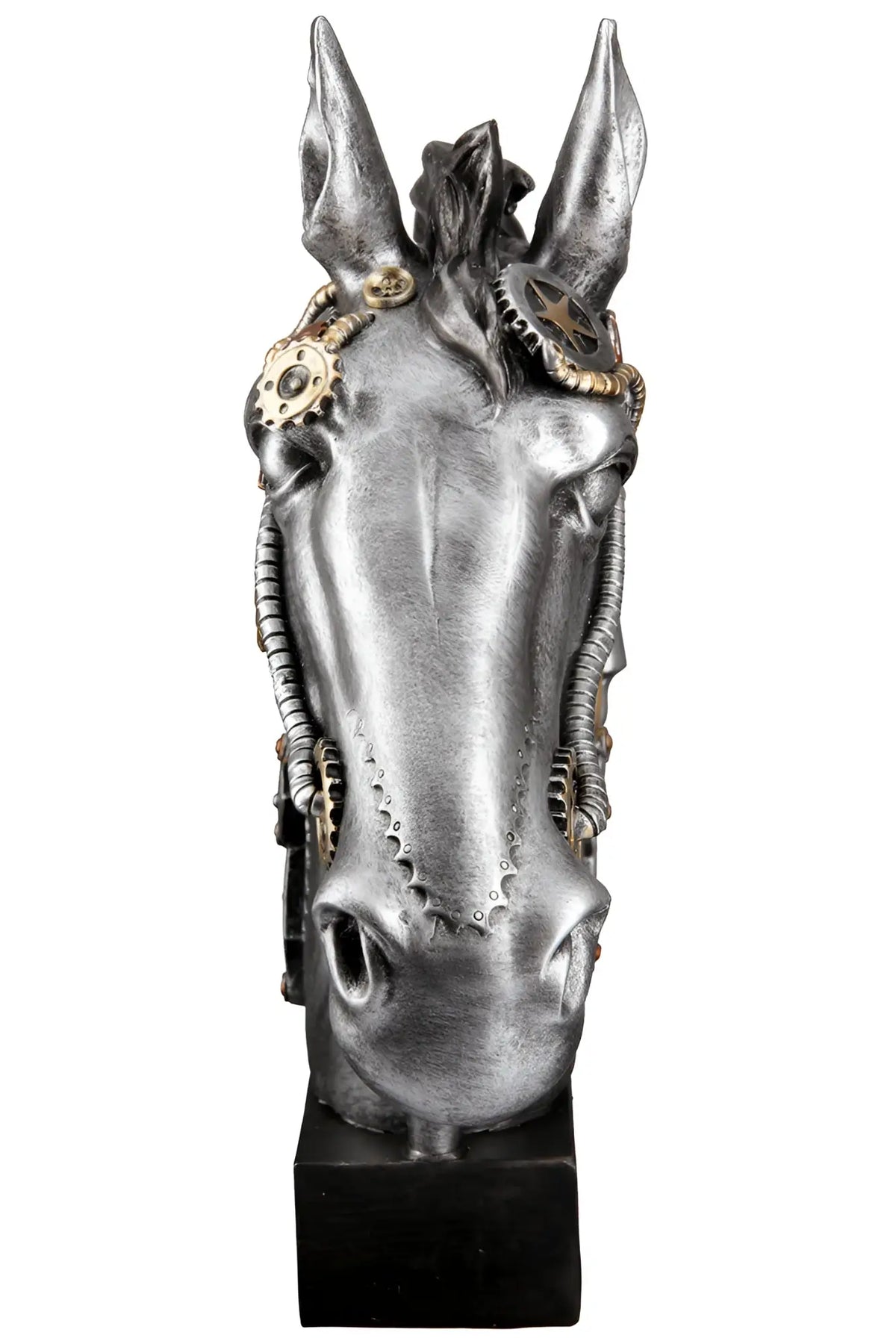 Steampunk figur pferd horse aus silbernem kunstharz mit messinggetrieben auf schwarzem sockel von gilde