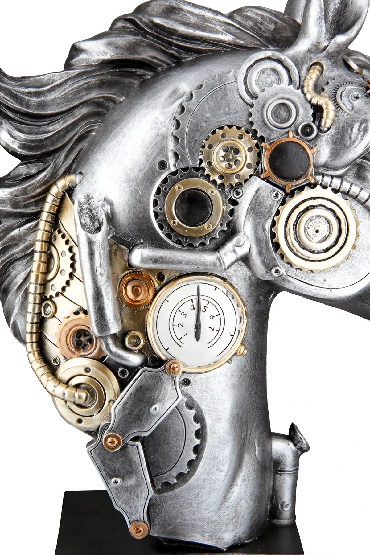 Steampunk pferdekopf skulptur aus kunstharz mit silberner metalloptik und messing details 34x29x8 cm von gilde