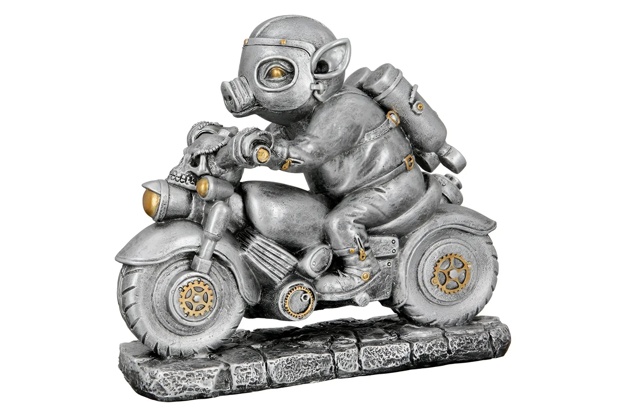 Steampunk figur schwein motor-pig aus kunstharz mit gasmaske auf motorrad in messingfarben und zahnraddetails