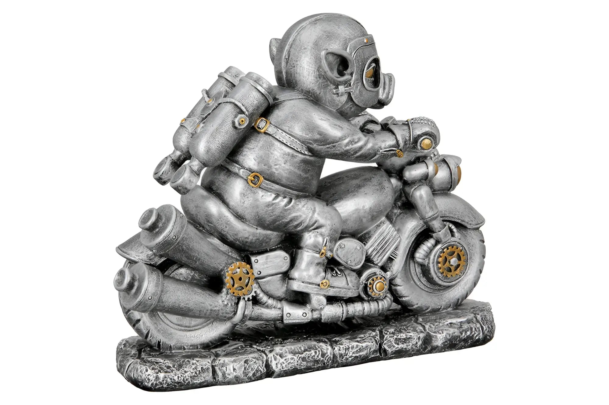 Steampunk figur schweine motor pig zeigt silber und goldfarbene motiv mit feinen mechanischen details aus kunstharz