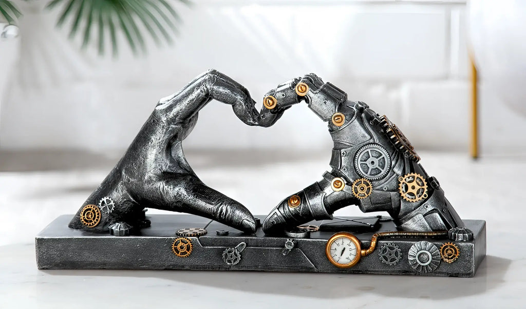 Steampunk skulptur herz-hände aus silberfarbenem kunstharz mit mechanischen details und messingakzenten von gilde
