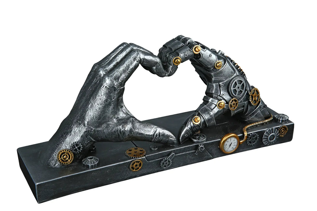 Steampunk skulptur herz-hände aus kunstharz mit silberfarbenen metallhänden und messingakzenten 16x35x9,5 cm von gilde