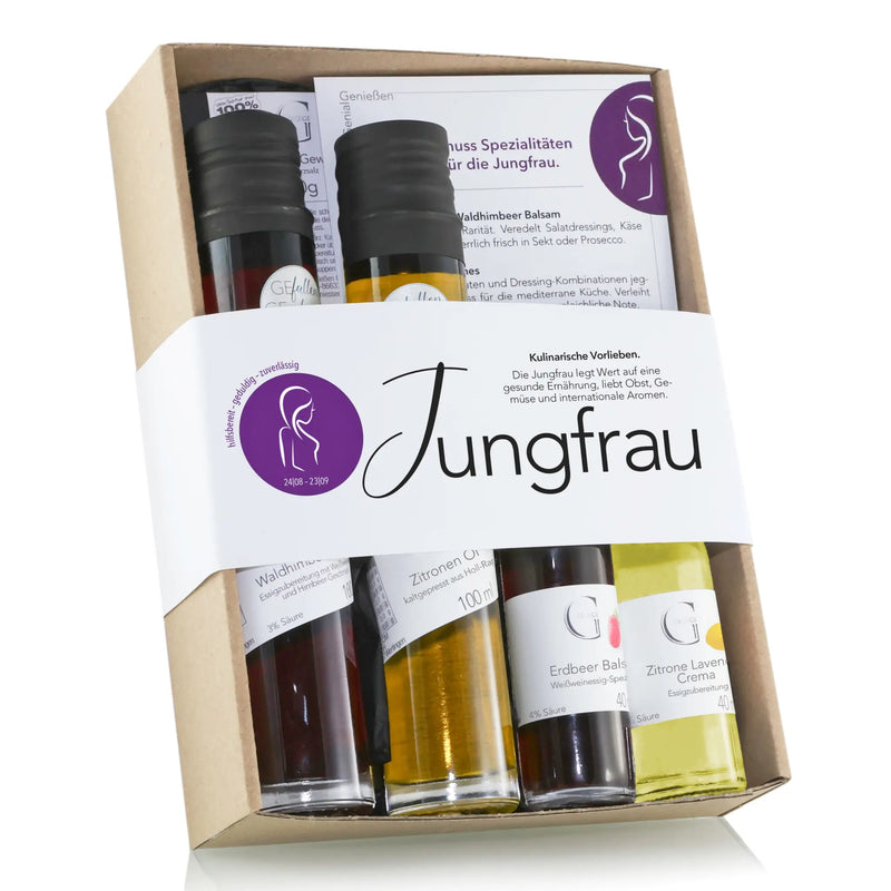 Jungfrau sternzeichen-set mit vier glasflaschen waldhimbeer balsam zitronen öl erdbeere balsam und zitrone lavendel crème