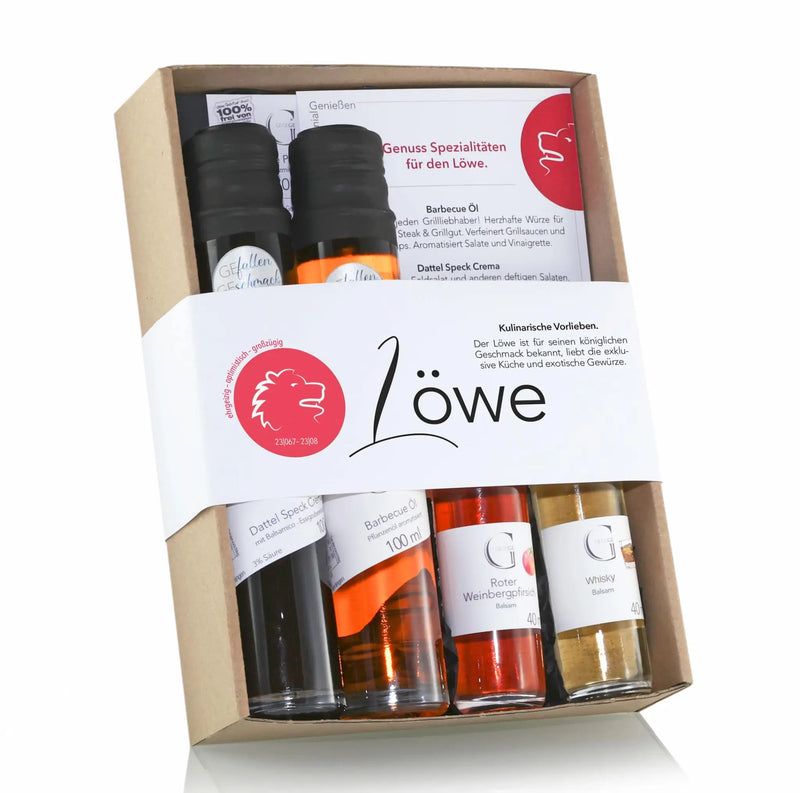 Löwe sternzeichen-set mit fünf glasflaschen ausgefallenem barbecue öl dattel speck creme rotwein reduktion und whisky balsamico in geschenkbox
