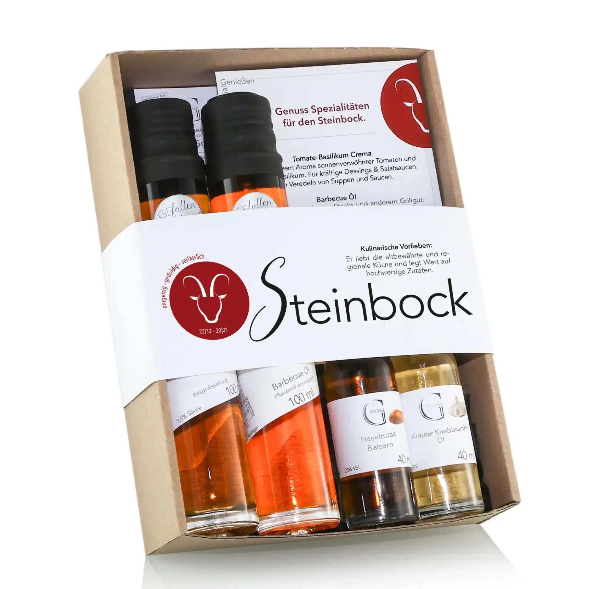 Gourmet condiment set sternzeichen-set steinbock with glass bottles in cardboard gift box featuring various sauces
