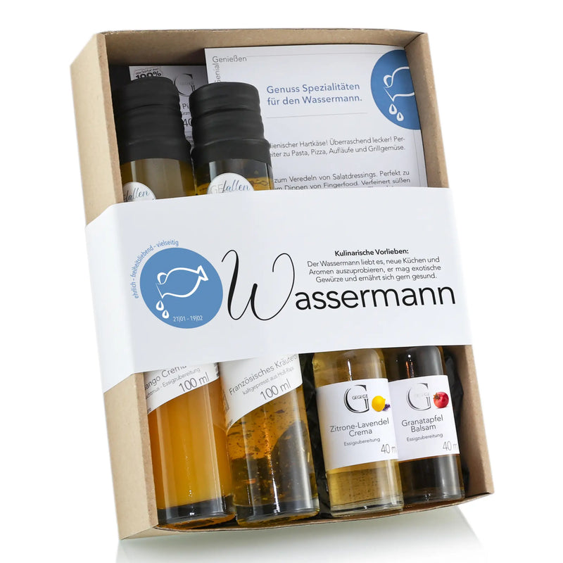 Wassermann geschenkbox mit fünf bunten glasflaschen gourmet gewürze sternzeichen-set wassermann präsidentkorb