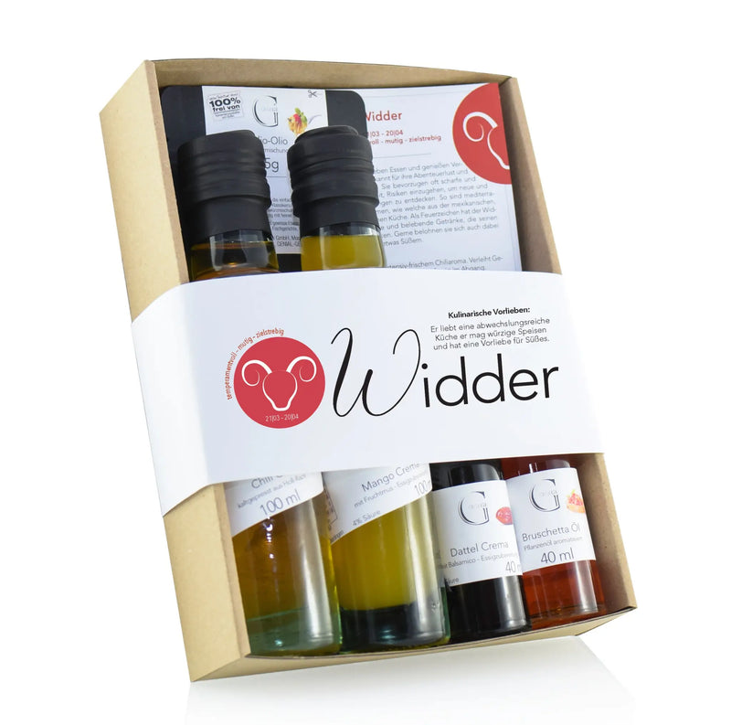Widder sternzeichen-set präsentkorb mit sechs kleinen glassflaschen bunter aromaoele in geschenkbox