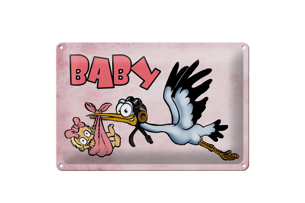 Rosa vintage blechschild 20x30cm mit cartoon-storch und baby schriftzug baby