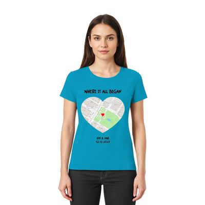 Petrolfarben kurzarm damen t-shirt mit herz straßenkarte design und personalisiertem text wo alles begann