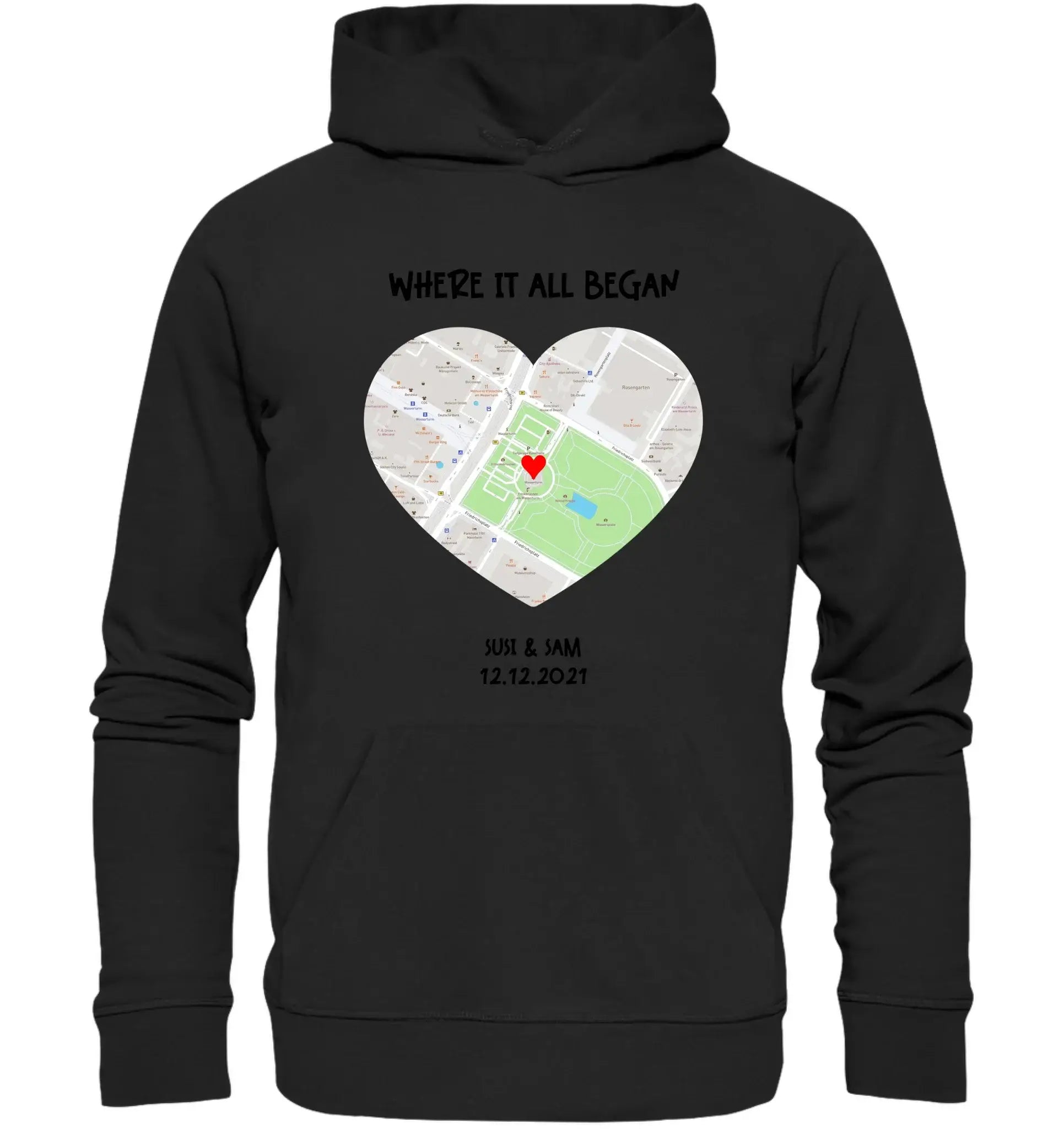 Straßenkarte Herz • mehrere Artikel • ’Statement-Collection’ • Wunschtext • Mein Motiv - Unisex Hoodie • Bio Premium