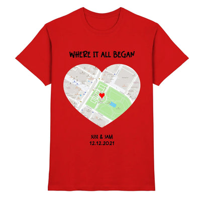 Rotes baumwollshirt mit herzförmiger straßenkarte und text wo alles begann aus der statement-collection