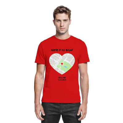 Rotes baumwoll-t-shirt mit herzförmiger straßenkarte und schrift where it all began aus der statement-collection
