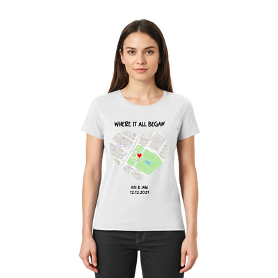Leichte graue damen kurzarm t shirt mit herzförmiger straßenkarte und rotem herzmarker aus der statement collection