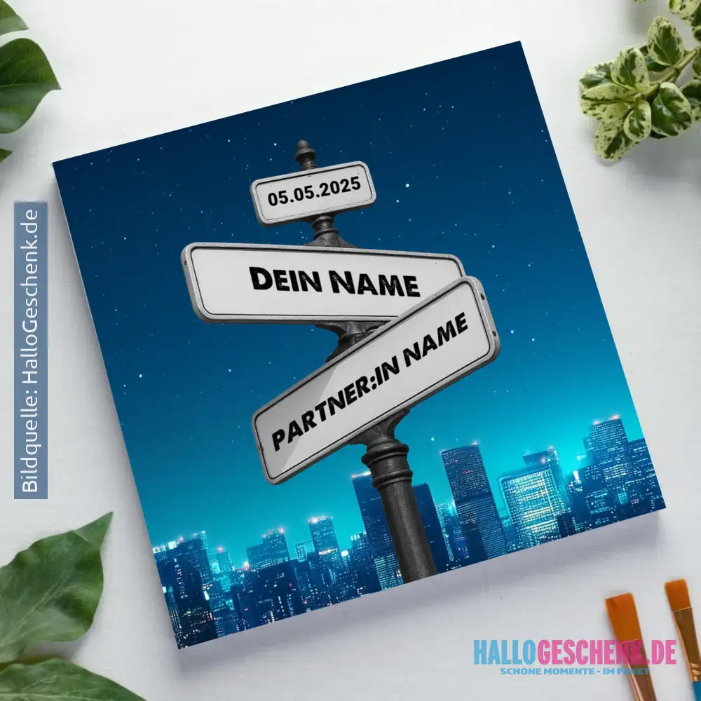 Straßenschild Datum + Wunschtext (diverse Hintergründe) personalisiert • Leinwand 50x50 cm - personalisierte Leinwand