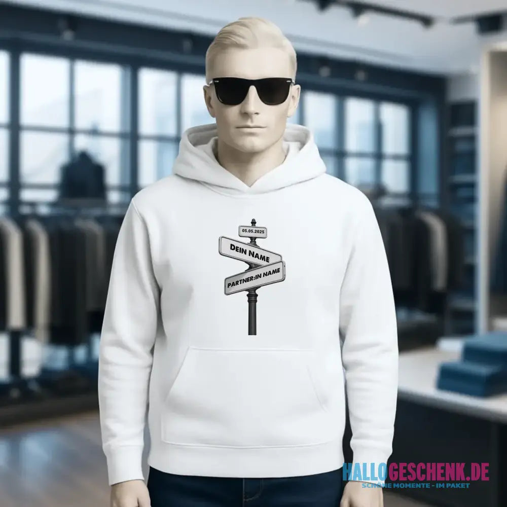 Straßenschild Datum + Wunschtext diverse Hintergründe personalisiert • Unisex Hoodie für Damen & Herren • Bio