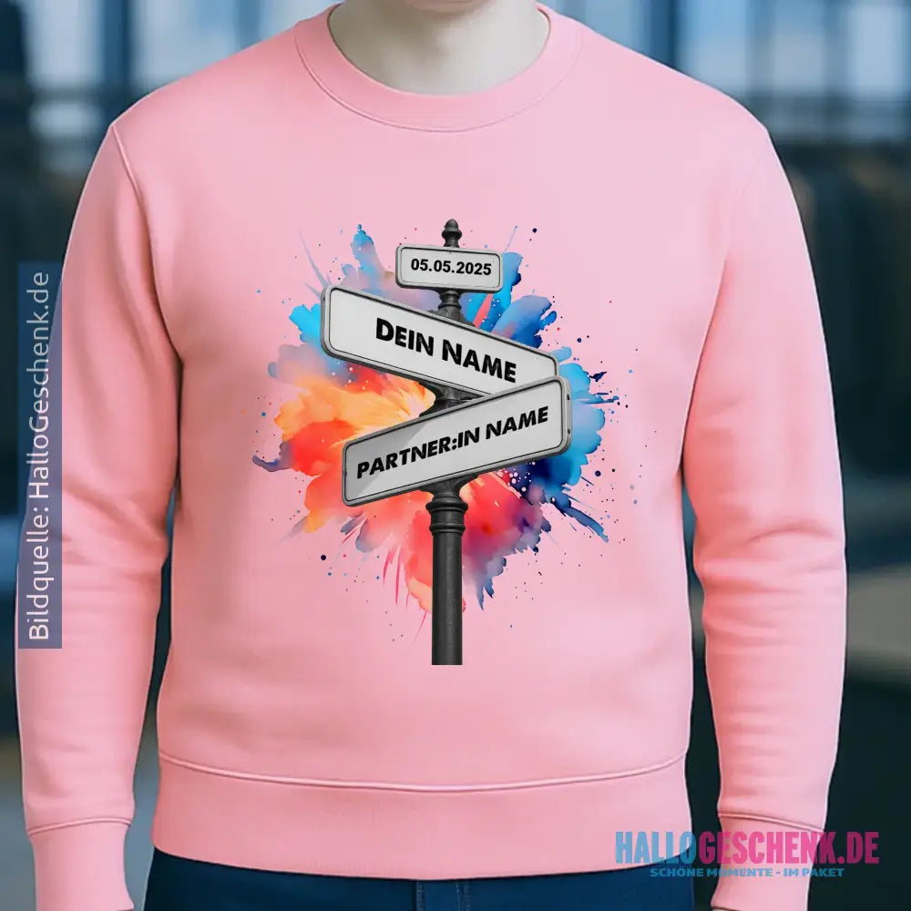 Straßenschild Datum + Wunschtext diverse Hintergründe personalisiert • Unisex Sweatshirt für Damen und Herren • Bio