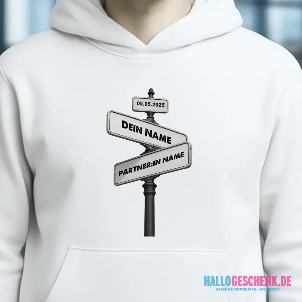 Straßenschild Datum + Wunschtext diverse Hintergründe personalisiert • Unisex Hoodie für Damen & Herren • Bio