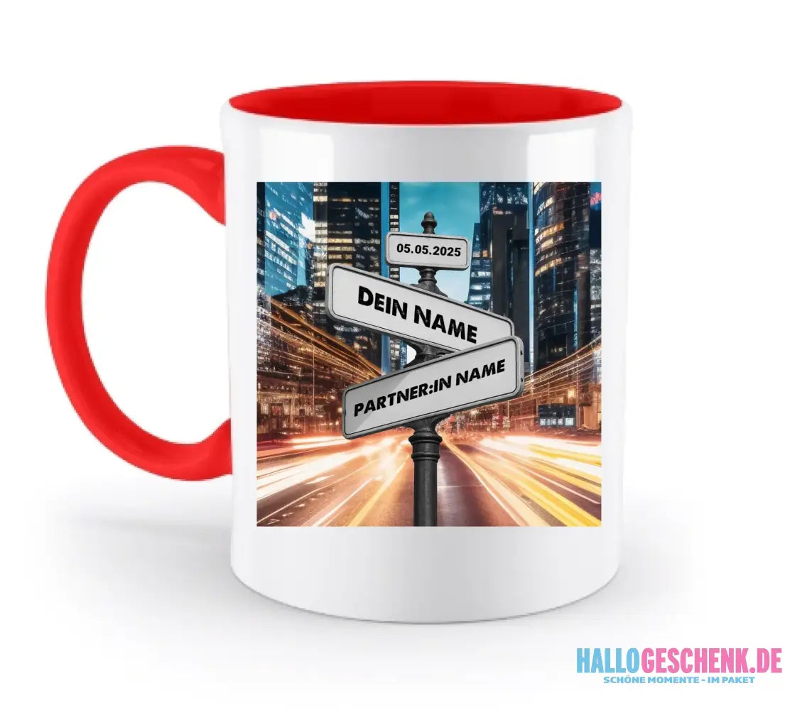 Straßenschild Datum + Wunschtext diverse Hintergründe personalisiert • zweifarbige Tasse spülmaschinenfest