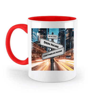 Straßenschild Datum + Wunschtext diverse Hintergründe personalisiert • zweifarbige Tasse spülmaschinenfest
