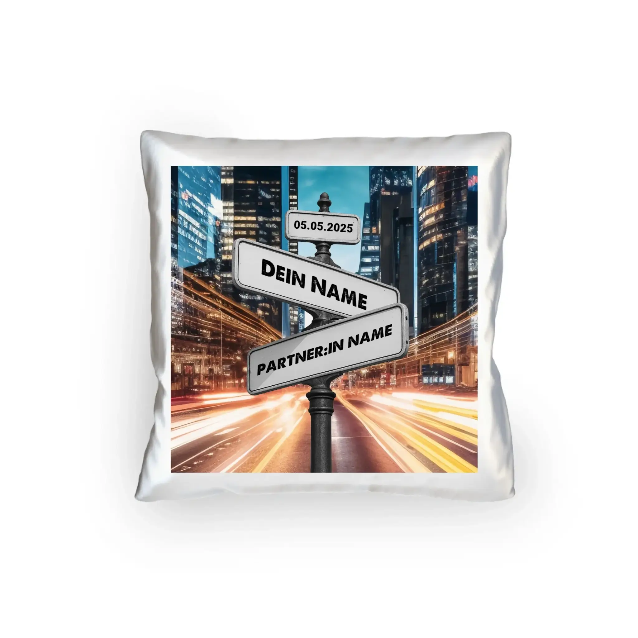 Straßenschild Datum + Wunschtext diverse Hintergründe personalisiert • Kissen 40x40 cm