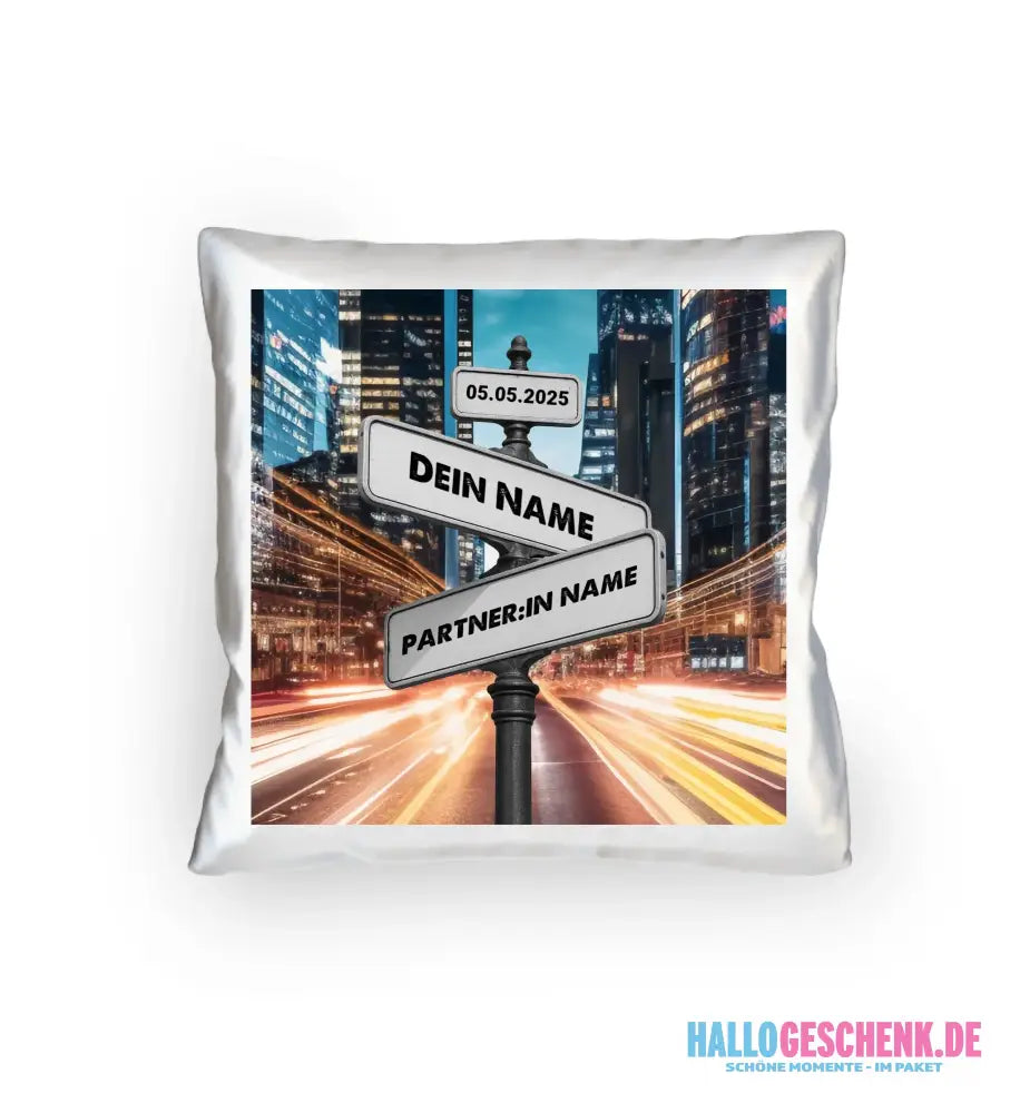 Straßenschild Datum + Wunschtext diverse Hintergründe personalisiert • Kissen 40x40 cm