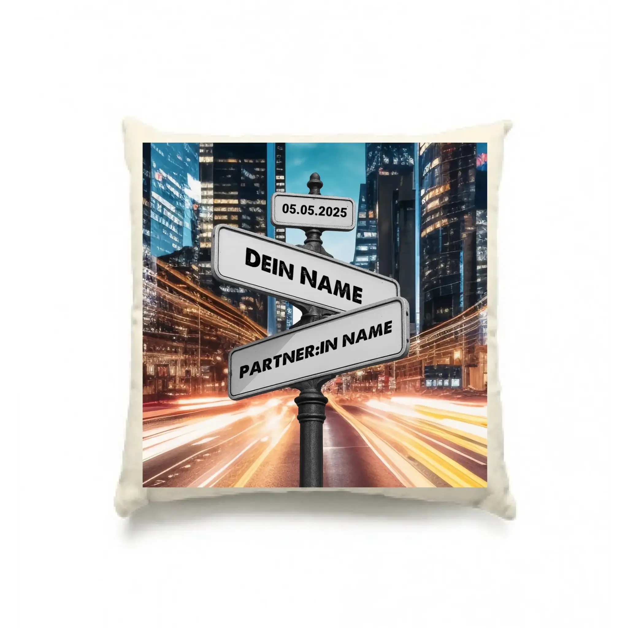Straßenschild Datum + Wunschtext diverse Hintergründe personalisiert • Kissen 40x40 cm