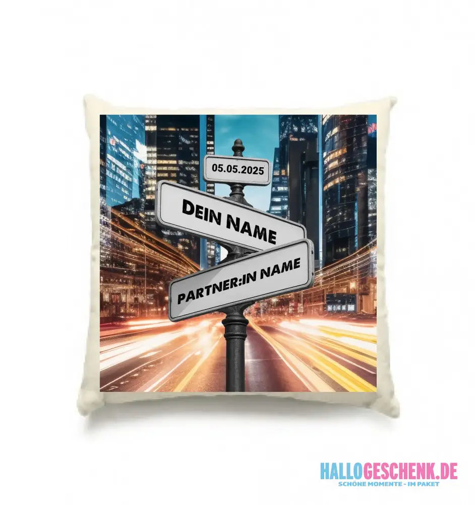Straßenschild Datum + Wunschtext diverse Hintergründe personalisiert • Kissen 40x40 cm