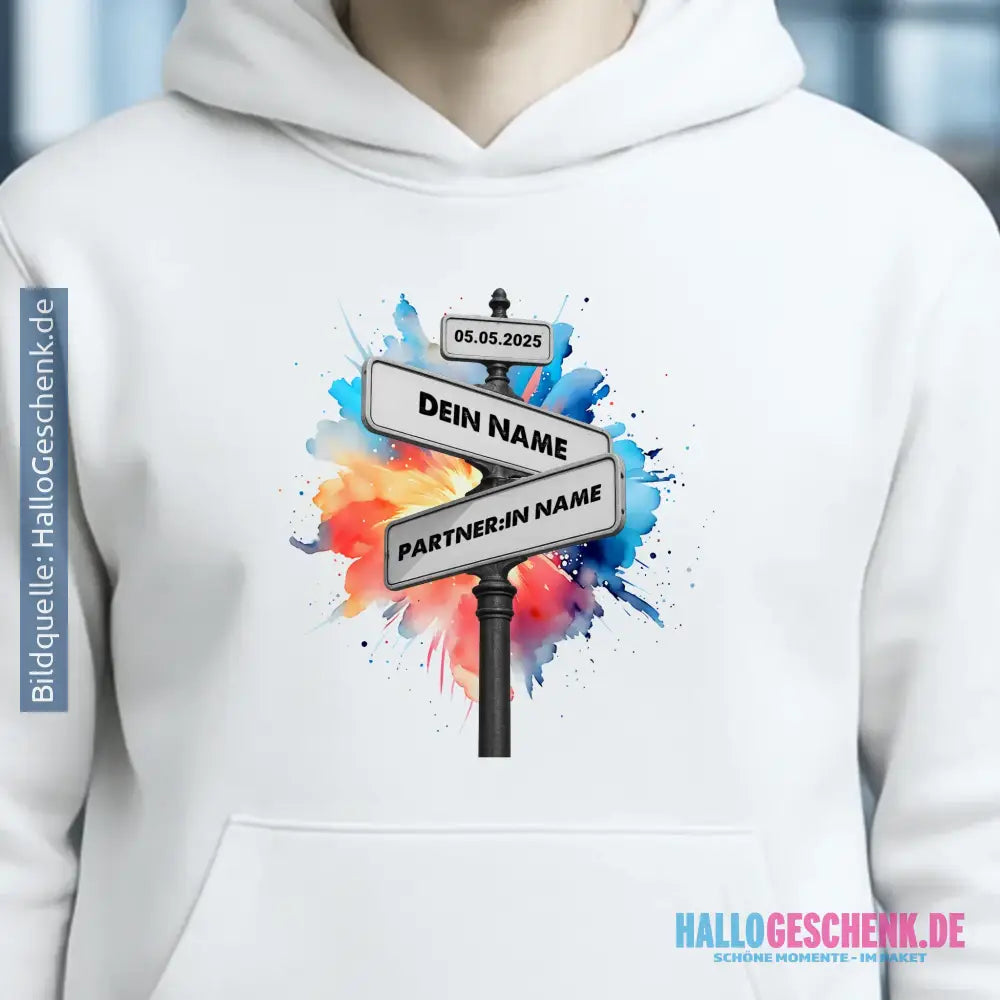 Straßenschild Datum + Wunschtext diverse Hintergründe personalisiert • Unisex Hoodie für Damen & Herren • Bio