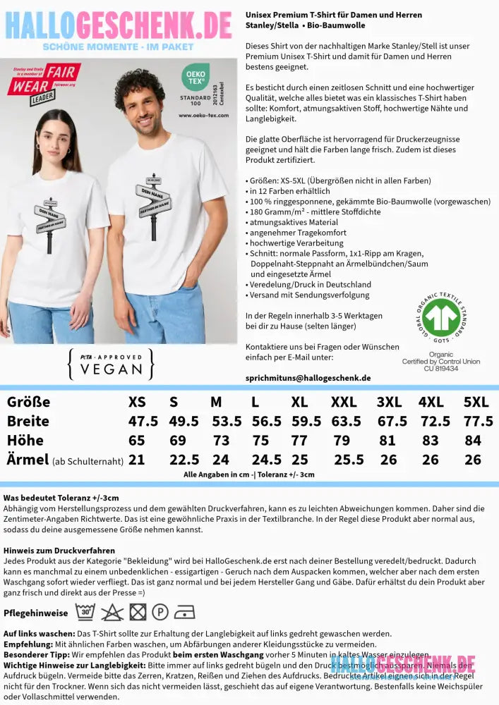 Straßenschild Datum + Wunschtext (personalisiert) • Unisex T-Shirt für Herren & Damen • Bio - personalisierte T-Shirts