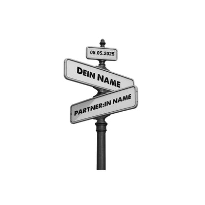 Schwarzes metall straßenschild wegweiser mit zwei richtungsschildern namens dein name und partnerin name Datum 05.05.2025