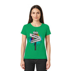 Grünes kurzarmshirt mit buntem straßenschild-wegweiser grafik und individuellen namen und datum aus der statement-collection