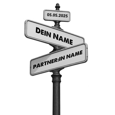 Schwarzes metall straßenschild wegweiser mit drei richtungsanzeigen dein name partner in name und datum 05.05.2025