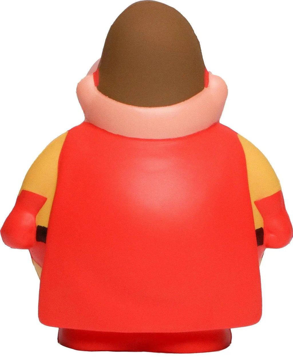 Rote und gelbe plastikfigur super bert anti stress quetsch figur mit braunen haaren in cartoon style