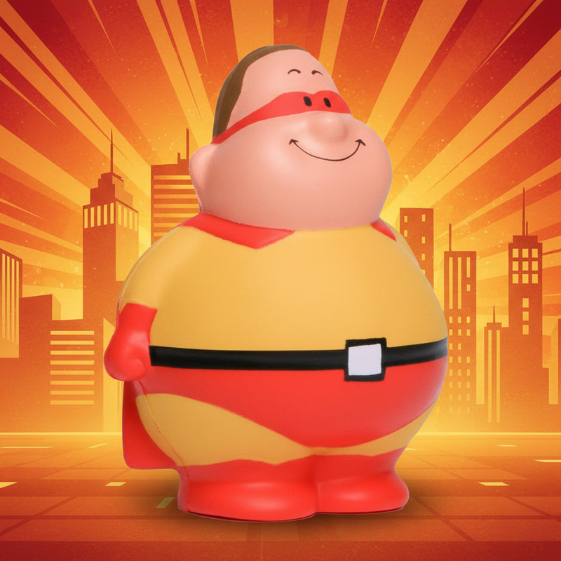 Super Bert anti-stress-quetsch-figur eine fröhliche mollige heldenfigur in gelb und rot mit schwarzem gürtel