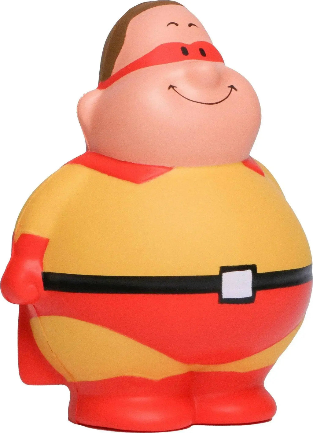 fröhliche, mollige superhelden-quetsch-figur super bert in gelb-rot mit schwarzem gürtel und roter maske