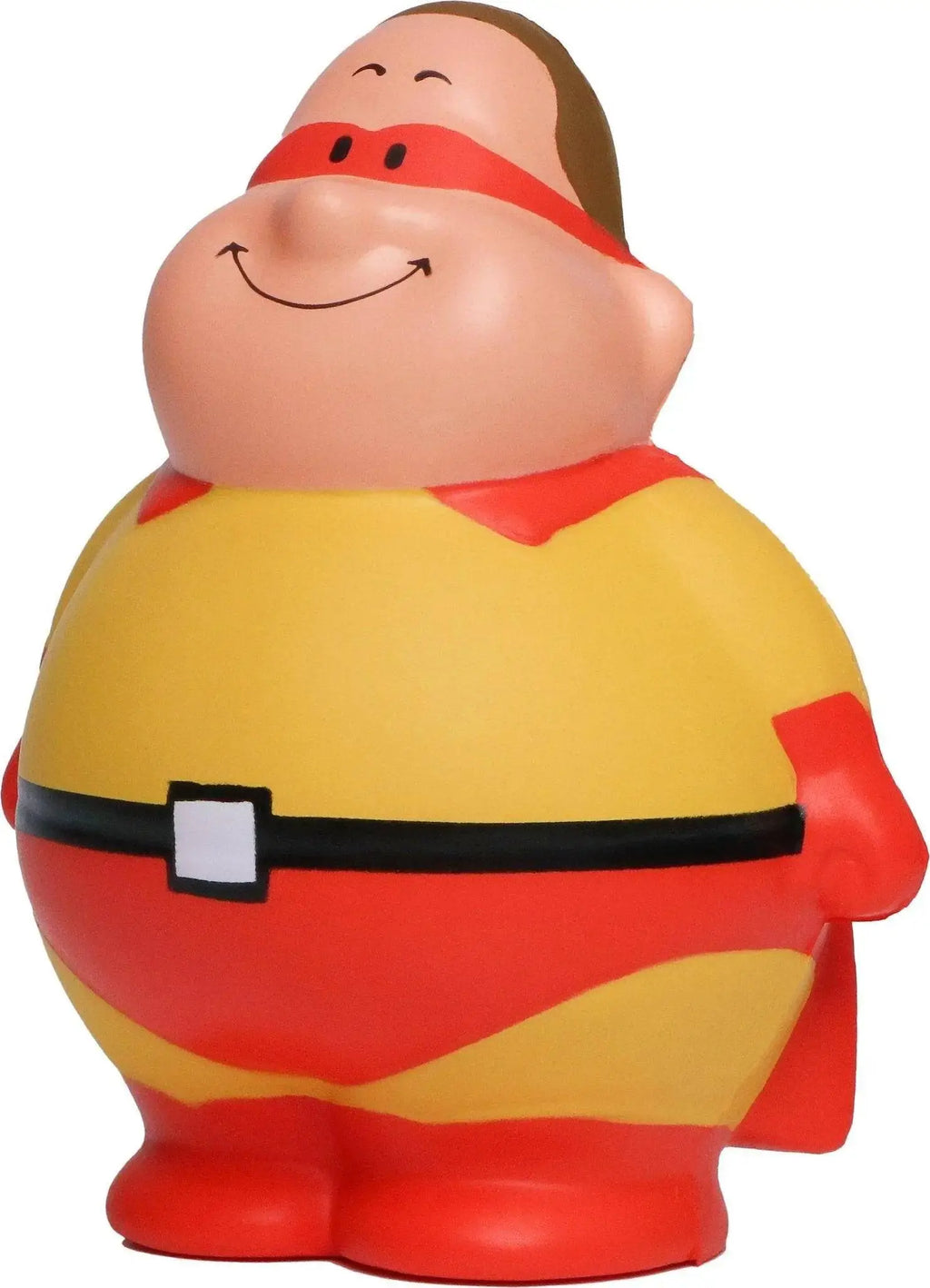 Eine fröhliche, pummelige superhelden-anti-stress-quetsch-figur super bert mit gelb-rotem anzug und braunen haaren