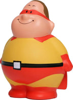 Eine fröhliche, pummelige superhelden-anti-stress-quetsch-figur super bert mit gelb-rotem anzug und braunen haaren