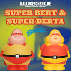 Zwei bunte, weiche quetschfiguren super bert und super berta als anti-stress-geschenkset in gelb und rot