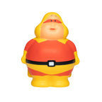 Super berta anti-stress-figur: gelbe und rote gummi-superheldenfigur mit schwarzem gürtel zum quetschen