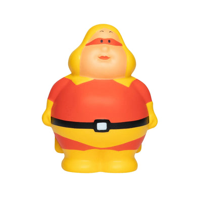 Super berta anti-stress-figur: gelbe und rote gummi-superheldenfigur mit schwarzem gürtel zum quetschen