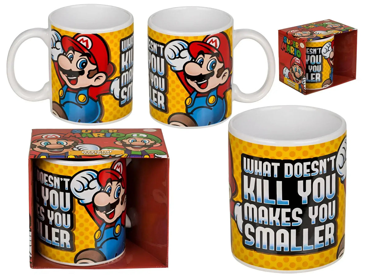 Gelbe keramiktasse super mario ii mit mario cartoon und spruch was dich nicht umbringt macht dich kleiner